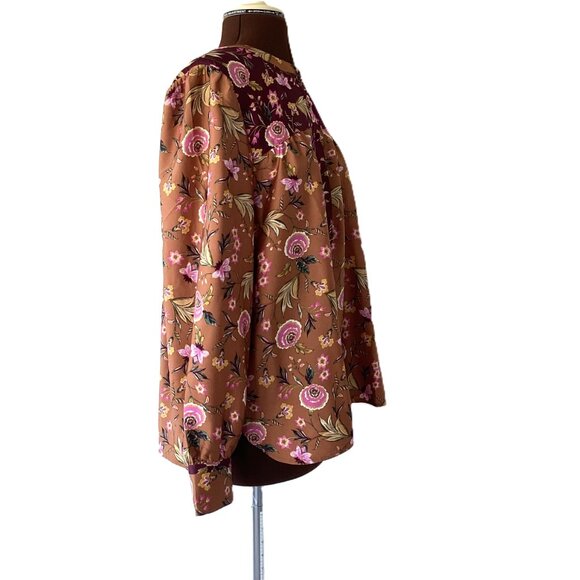 Burgandy and Terra Cotta Coloured Floral 1/2 Button Floral Blouse - Picture 4 of 7